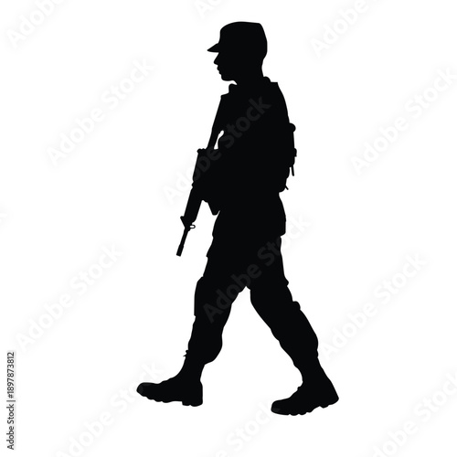 Silhouette of a Soldier in Full Uniform Carrying a Rifle and Walking in Profile View for Military Tactical Operation or War Concept Illustration
