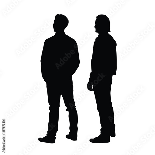 Silhouette of Two Men Standing and Having a Conversation or Waiting Together Isolated on White Background for Urban Lifestyle Composition