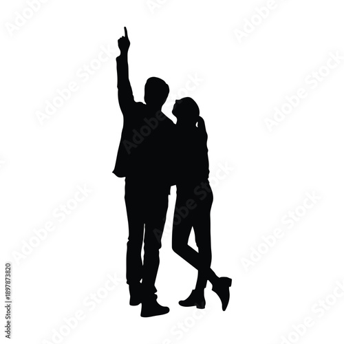 Silhouette of a Young Couple Standing Together While One Person Points Upward Toward the Sky Looking at Future Goals and Vision Isolated on White