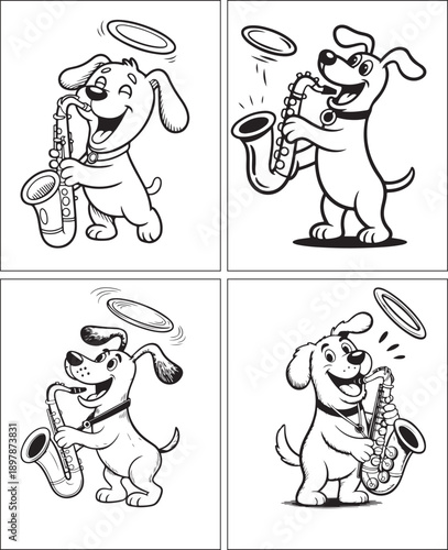 Happy Cartoon Dog Playing Saxophone Line Art – Set of Four Musical Puppy Vector Illustrations for Coloring Pages, Kids' Crafts, and Jazz-Themed Mascot Graphics