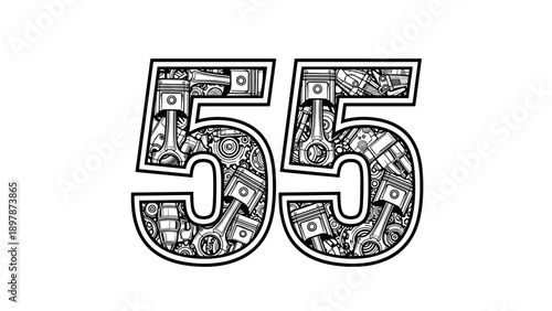 Number 55 Engine Parts Pistons Gears Mechanics Automotive Design.