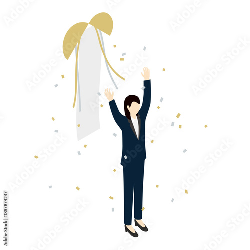 Successful Female Leader Celebrating Victory and Achievement Isometric Illustration