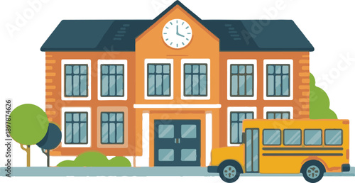 Elementary School Building with School Bus and Cityscape silhouette.Cute School Building Vector.