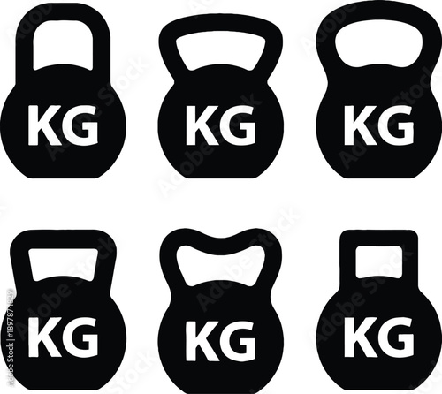 Various kettlebell designs with kg label for weight training