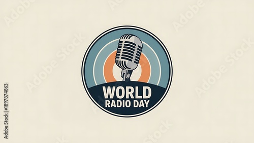 World radio day graphic with stylish microphone and colorful orange and blue signal waves in circular frame for broadcasting industry anniversary and international audio media event