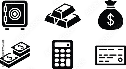 Financial silhouette icon collection including safe gold bar money bag calculator and cheque clean modern vector design set