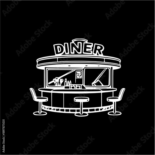 Retro diner illustration with a counter and stools, evoking a classic American dining experience