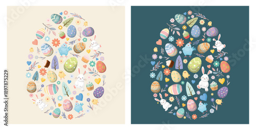 Set of abstract Easter egg from cute pastel Easter elements hand drawn style on beige and green square background.