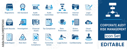 Audit and compliance icon set. Containing audit report, tax form, safe, legal contract, gavel, badge, flowchart, shield, stamp. Solid vector icons collection.