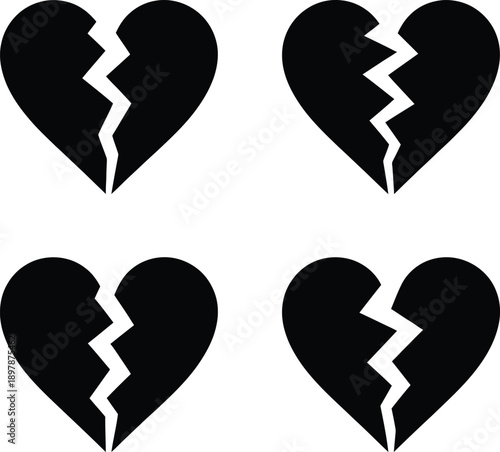 Four black broken heart icons on a white background