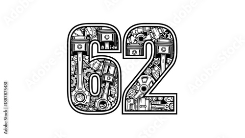 Number 62 Made of Mechanical Parts Engine Components Gears Pistons.