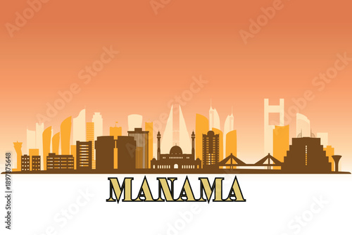 Global city Manama shown in a detailed vector skyline with a golden hour sky