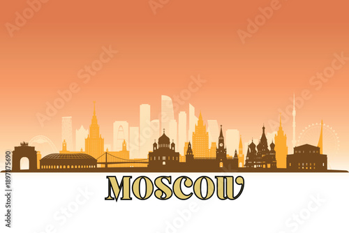 Global city Moscow shown in a detailed vector skyline with a golden hour sky