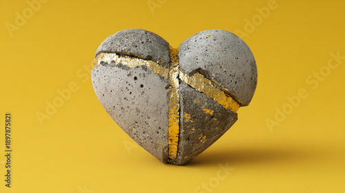 A broken heart symbolizing the concept of kintsugi, mended with gold against a yellow backdrop. The image evokes feelings of healing and resilience