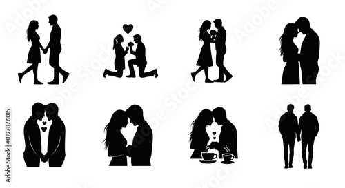 Silhouettes depicting various stages of romantic relationships and love