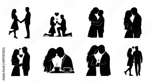 Silhouettes of couples in various romantic poses and activities