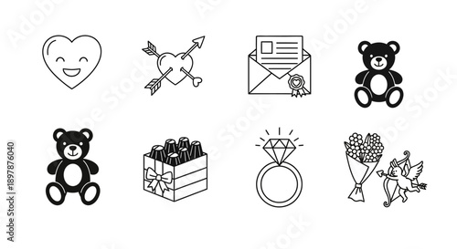 Collection of black and white love and gift related icons