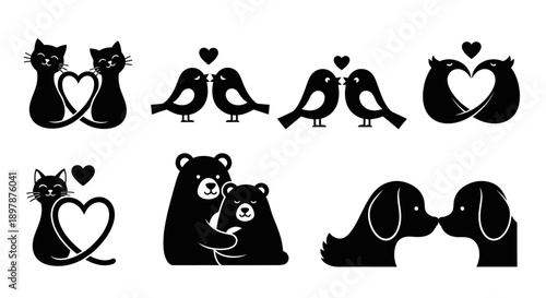 Black silhouettes of animals and hearts in a playful arrangement