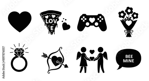 Collection of black and white icons representing love games and romance