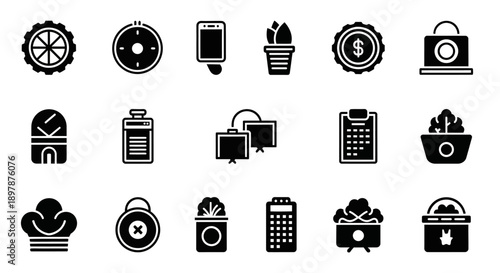Collection of diverse black glyph icons representing various objects and concepts