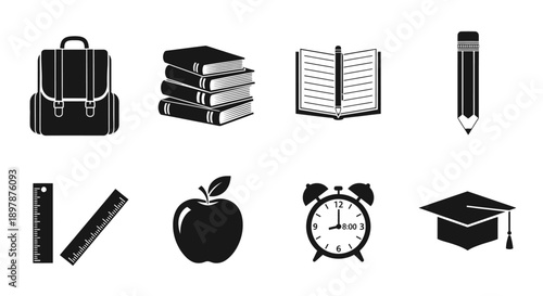 Black and white icons representing school supplies and academic elements