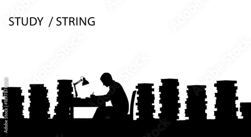 Silhouette of a person studying amidst towering stacks of books