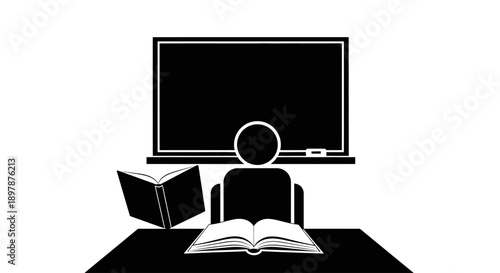 Simple black and white illustration of a student reading at a desk