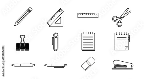 Collection of black and white school and office stationery icons