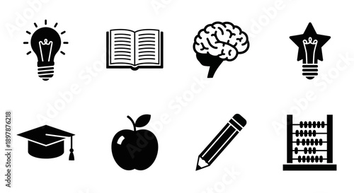 Collection of black silhouette icons representing education and intelligence