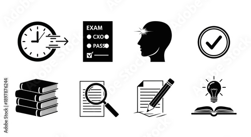 Exam preparation icons time study success and learning concepts