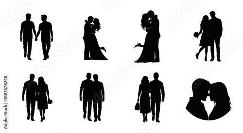 Silhouettes of couples embracing and walking depicted in a minimalist style