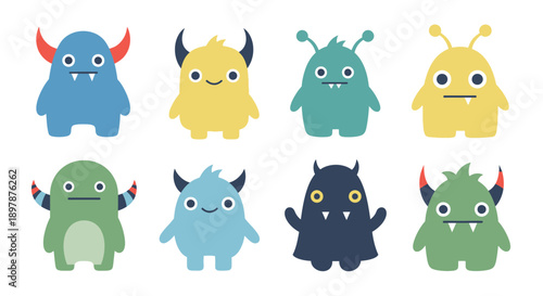 Colorful cartoon monsters with horns teeth and antennae displayed together