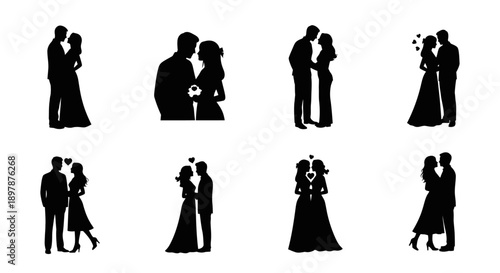 Silhouettes of couples embracing and dancing depicting romantic relationships