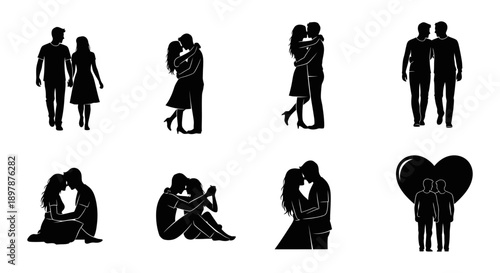 Silhouettes of couples embracing and walking depicting romantic connections