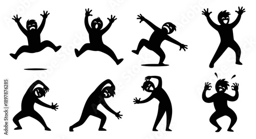 Silhouettes of people in dynamic joyful and expressive jumping poses