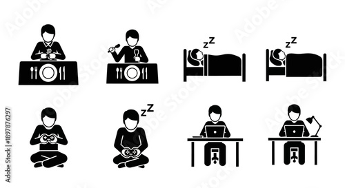 Black and white icons depicting various daily life activities and routines