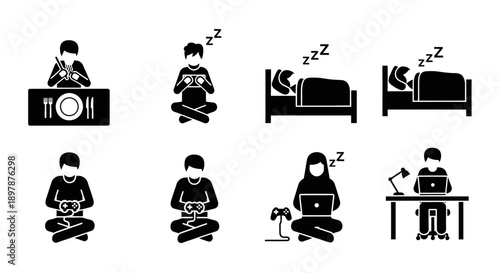 Simple black icons depicting people in various rest and work positions