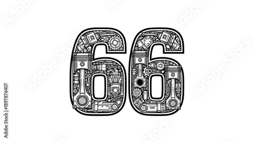 Number 66 Made of Mechanical Parts - Engine Components Gears Pistons.