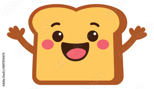 Cute cartoon illustration of a slice of toast depicting a happy expression with open arms for food and breakfast themes