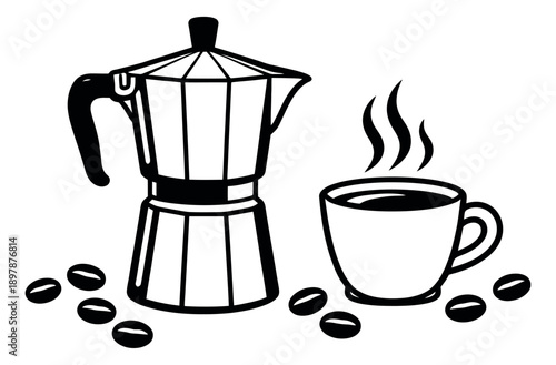 Line art coffee set featuring a moka pot, steaming cup, and coffee beans for coffee lovers