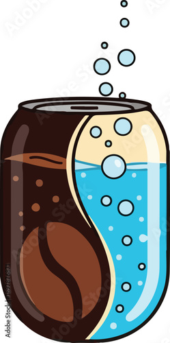 Cartoon illustration of coffee and soda in one glass bottle