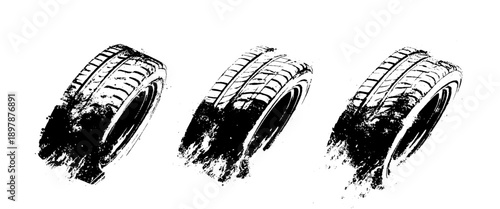 Vector set of tire tread marks white tire tracks and skid marks isolated white background