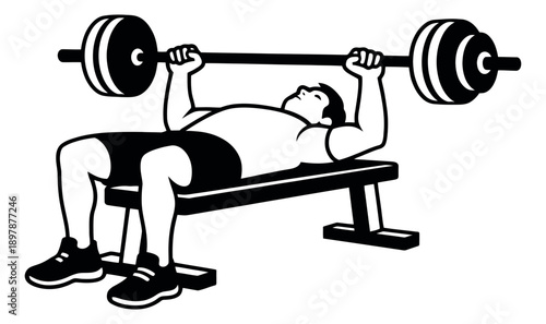Line art illustration of a weightlifter depicting a bench press exercise for fitness training
