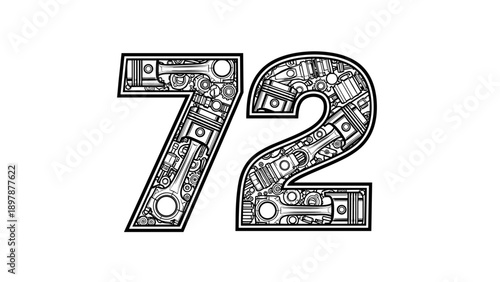 Number 72 Made of Mechanical Parts Engine Components Gears Pistons.