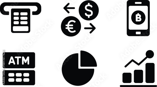 Finance icon set featuring ATM currency exchange mobile banking pie chart and bar chart silhouettes vector illustration design collection