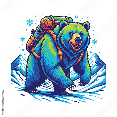Colorful Bear Hiking with Backpack in Snowy Mountains – Adventure Vector Illustration for Outdoor, Travel, and T-Shirt Design