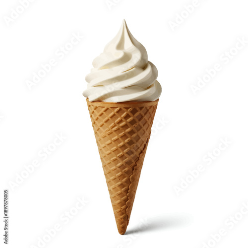Vanilla soft serve ice cream cone for dessert menus and summer treats, isolated on white background
