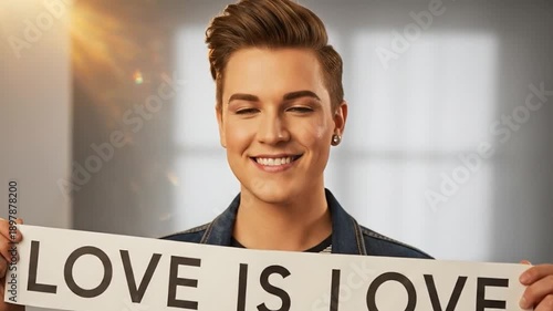 Trans Man Holds LGBTQIA+ Love Banner in Studio, Valentine's Day