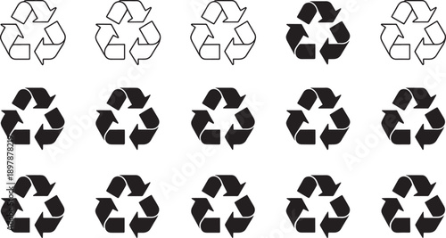Black and white recycling symbols on white background ecology