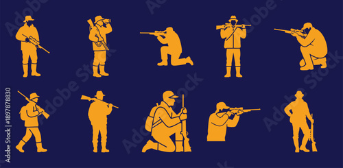 Diverse collection of hunter silhouettes showcasing various actions and postures Vector